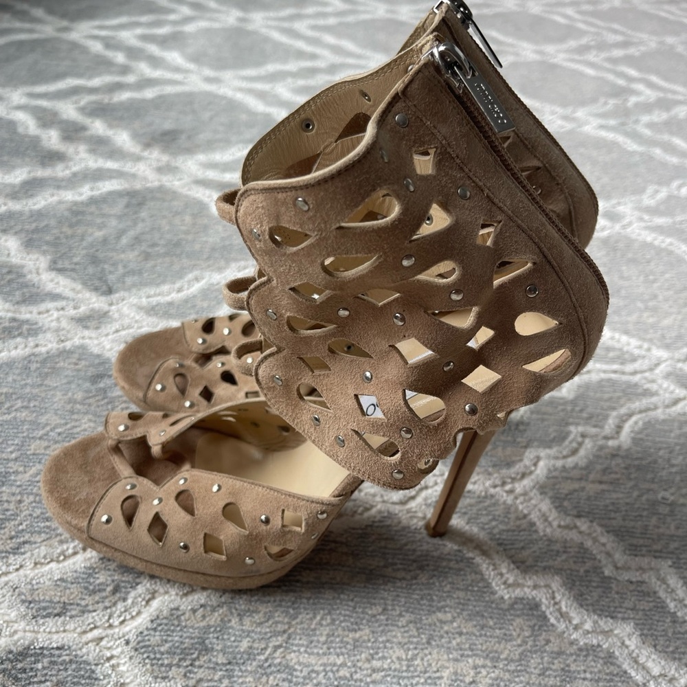 Jimmy Choo beige suede heels with silver studs 39.5